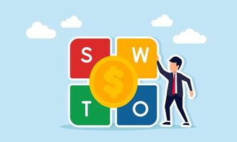 Businessman beside SWOT puzzle with dollar coin illustration of analyzing Strength Weakness Opportunities and Threats related to business financial management vector