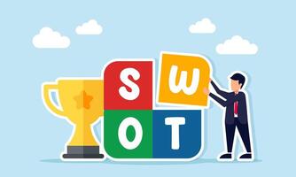 Businessman arranging SWOT puzzle near trophy illustration of research and analysis on strategy to become a leading company vector