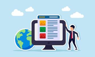 Businessman near monitor displaying multimedia application interface beside globe illustration of managing business promotion media on a global scale vector