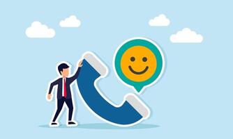 Businessman near telephone receiver with chat dialog showing happy emoticon illustration of suggestions to gain positive market response and attention vector