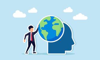 Businessman placing globe on statue head illustration of research evaluation and analysis related to global market domination strategy vector