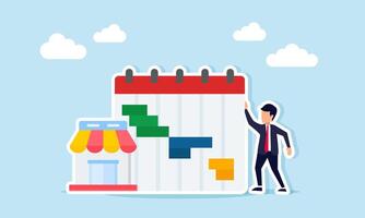 Businessman beside store and calendar schedule illustration of planning and organizing project schedule for business vector