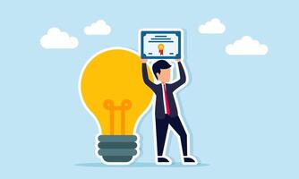 Businessman standing next to light bulb while raising certificate document illustration of success in implementing innovative business ideas vector