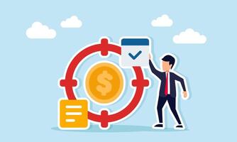 Businessman placing check label on target aiming at dollar coin illustration of targeting company business profit achievement vector