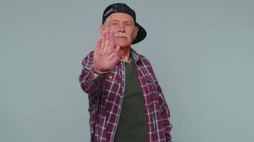 Man say no hold palm folded crossed hands in stop gesture, warning of finish, prohibited access video