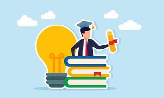 Businessman emerging from behind book and light bulb wear graduation cap and hold ribbon paper document illustration of successful research in define business innovation ideas vector