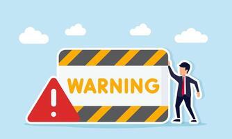 Businessman standing near caution sign and warning board illustration of awareness in facing risks in running a business vector