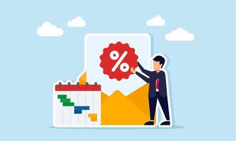 Businessman placing percent or discount icon on document paper inside envelope near calendar schedule illustration of strategy for planning business promotion schedule vector
