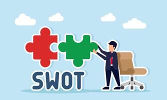 businessman near office chair assembling puzzle with SWOT text illustration of problem solving in business vector