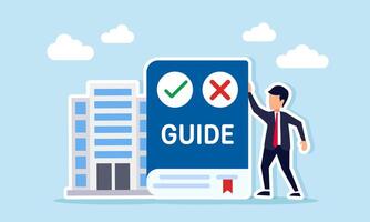 businessman beside guidebook and office building illustration of guidance for running a business vector