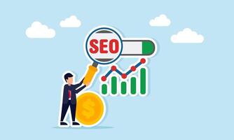 Businessman near dollar coin holding magnifying glass to observe SEO on search engine with graph illustration of keyword optimization to improve business financial performance vector