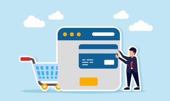 Businessman holding credit or debit card near app interface and shopping cart illustration of online and digital payment system vector