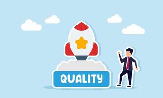 Businessman near rocket launch pad with star symbol and board labeled QUALITY illustration of improving business performance quality standard vector