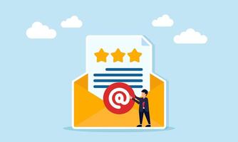 Businessman placing mention symbol on envelope containing document with three stars illustration of report verification and validation of business quality standards vector