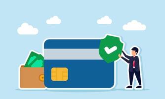 Businessman holding check mark near credit or debit card and wallet full of money illustration of trusted verified and validated investment or stock manager vector