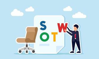 businessman arranging SWOT text on a paper near office chair illustration of research and analysis of business project work vector