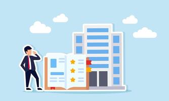 Businessman observing book with star symbol near office building illustration of studying guidelines for improving business company quality standards vector
