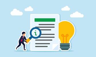 Businessman holding magnifying glass with letter I observing document next to light bulb illustration of studying information guide for business idea implementation vector