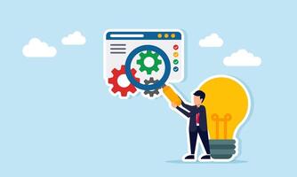 Businessman near lamp holding magnifying glass to observe application interface with gear illustration of business system maintenance or innovation improvement vector