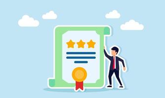 Businessman standing next to certificate with three stars illustration of success in obtaining validation and verification of business quality standards vector
