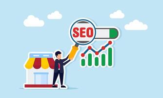 Businessman near store holding magnifying glass to observe SEO on search engine with graph illustration of keyword optimization to improve business sales performance vector