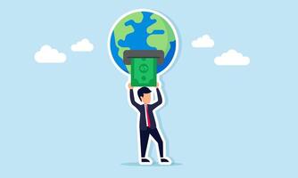 Businessman withdrawing money from Earth shaped like an ATM illustration of business exploiting natural resources of the planet vector