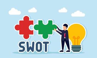 businessman near lamp assembling puzzle with SWOT text illustration of business problem solving through business innovation vector