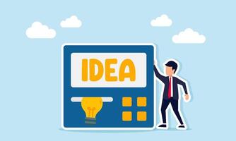 Businessman standing next to a machine labeled Idea with light bulb coming out illustration of receiving suggestions for the right business ideas vector