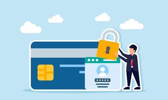 Businessman holding padlock beside app login interface and debit or credit card illustration of customer data confidentiality in saving and investment vector