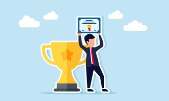 Businessman standing next to trophy while raising certificate document illustration of success in becoming a leading business company vector