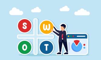 businessman near app interface displaying pie chart data assembling SWOT puzzle illustration of business performance research and analysis vector