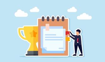 Businessman placing punctuation on notebook near trophy illustration of archive and documentation related to evaluation and performance analysis of leading business company vector