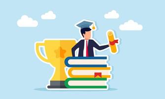 Businessman emerging from behind book and trophy wearing graduation cap and holding ribboned paper document illustration of success in becoming a leading business company vector
