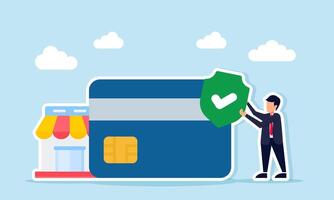 Businessman holding check mark near credit or debit card and store illustration of trusted marketplace business payment system vector