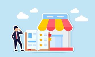 Businessman observing book with star symbol near store illustration of studying guidelines for improving marketplace company quality standards vector