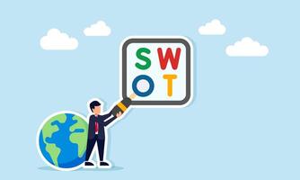 businessman near globe arranging SWOT letters with magnifying glass as the letter O illustration of research and analysis of global business development vector