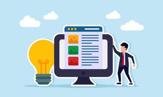 Businessman near monitor displaying multimedia application interface beside light bulb illustration of strategy idea to manage promotional media vector