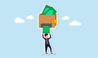 Businessman withdrawing money from wallet shaped like ATM illustration of taking profit or business dividend distribution vector