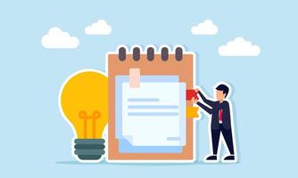 Businessman placing punctuation on notebook near light bulb illustration of archive and documentation related to business idea vector
