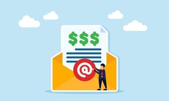 Businessman placing mention symbol on envelope containing document with three dollar signs illustration of business company financial report vector