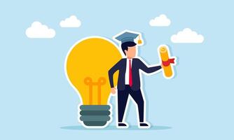 Businessman standing next to light bulb wearing graduation cap and holding diploma document illustration of success in implementing innovative business ideas vector