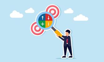 businessman observing several target boards with magnifying glass showing plus minus up arrow and down arrow illustration of risk analysis in achieving business targets vector