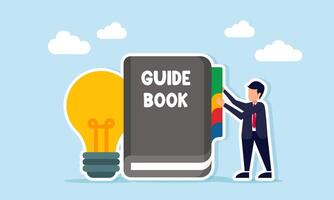 Businessman placing punctuation on guide book near light illustration of guidance in applying business ideas vector