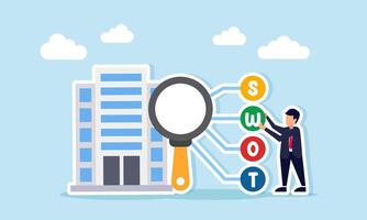 businessman arranging SWOT icons connected to magnifying glass near building illustration of research and analysis of business performance vector