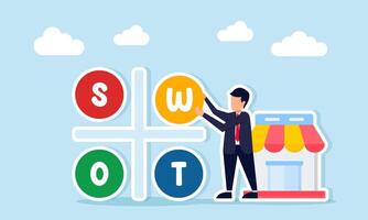 businessman near store assembling SWOT puzzle illustration of marketplace business research and analysis vector