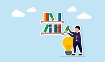 businessman next to lamp taking book from bookshelf illustration of literacy in getting inspiration for business ideas vector