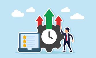 Businessman near laptop displaying star list gear with upward arrow and indicator needle illustration of improving business team performance quality standards vector
