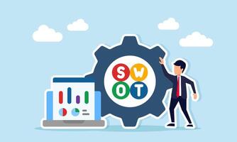 businessman standing next to laptop displaying data chart and gear with SWOT text illustration of research and analysis of business system performance vector