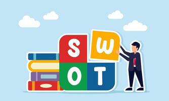 Businessman arranging SWOT puzzle near stack of books illustration of research and analysis to improve business competitiveness vector