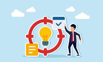 Businessman placing check label on target aiming at light bulb illustration of targeting the implementation of business ideas vector
